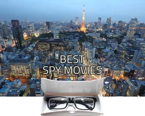 city backdrop with spy glasses